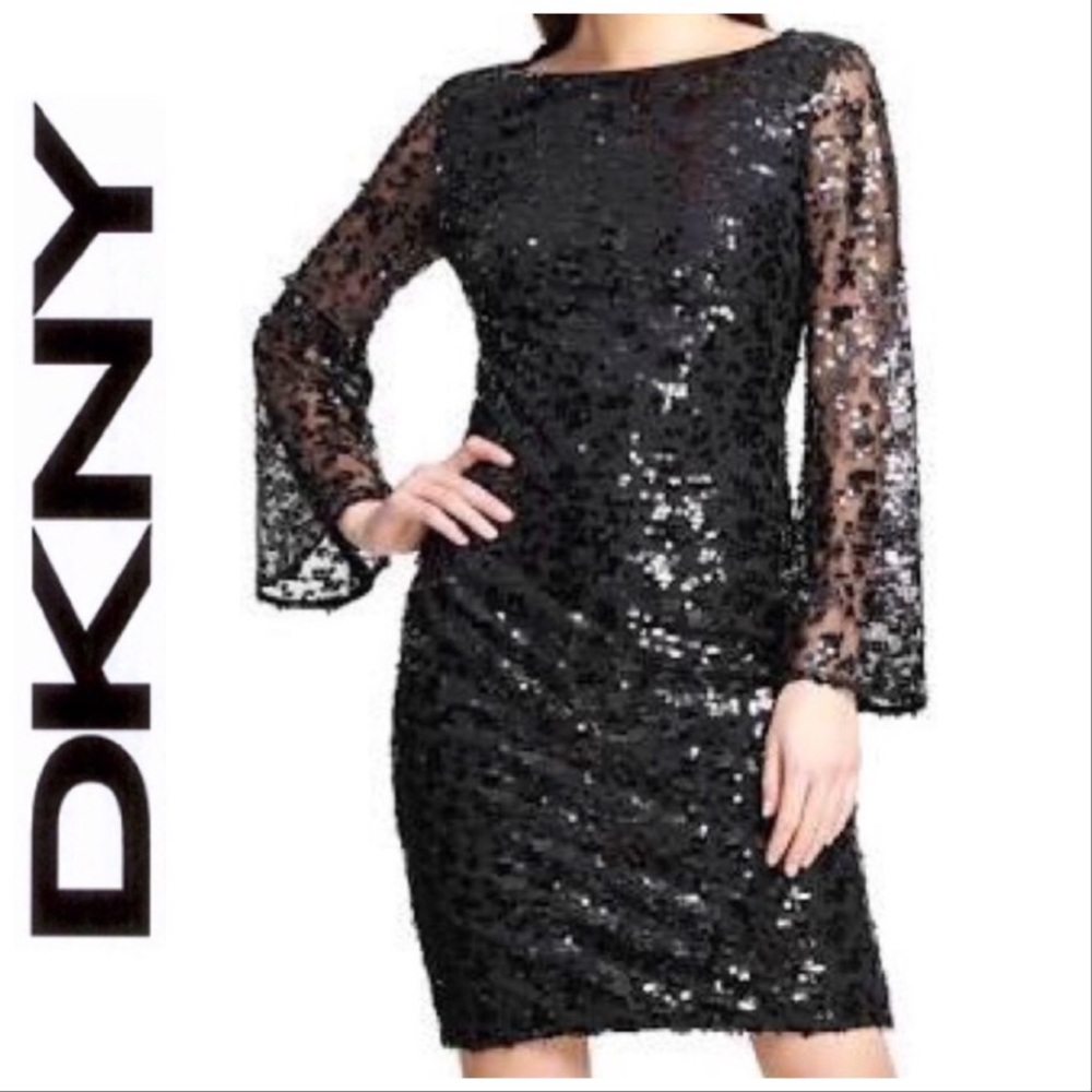 DKNY Black Sequin Bell Sleeve Cocktail dress Small to Medium - Picture 2 of 10